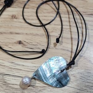 Fresh Water Pearl With Mother Of Pearl Shell Heart Pendant Wax Cord Necklace